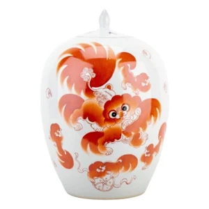 NEW CHINESE RED FOO DOG LIDDED PORCELAIN MELON JAR 12.5" - Picture 1 of 5