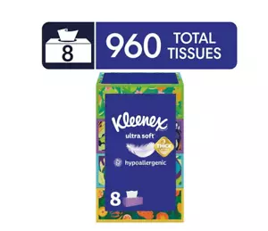 Kleenex Ultra Soft Facial Tissues, 8 Flat Boxes, 120 Tissues per Box, 3-Ply - Picture 1 of 12