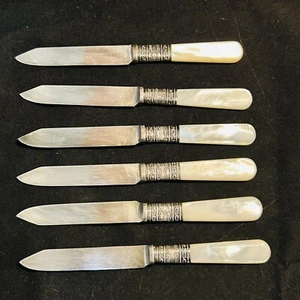 Vintage Meriden Cutlery Co. Mother of Pearl Handle Matching Fruit Knife Set of 6 - Picture 1 of 18