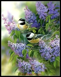 Chickadees and Lilacs - Counted Cross Stitch Patterns - Color & BW Symbols - Picture 1 of 2