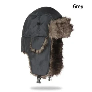 Grey Winter Mens Ushanka Aviator Trapper Hat Russian Trooper Flap Faux Fur Cap - Picture 1 of 5