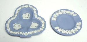 2 Pcs VTG Wedgewood Blue Jasperware Trinket/Nut Club Shape & Ashtray Dishes - Picture 1 of 6