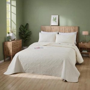 King Size Quilt Set Cotton Cream White Medallion Matelasse Coverlet Set Lightwei - Picture 1 of 9