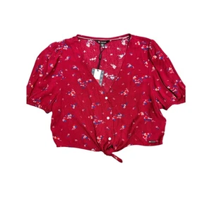 Tommy Jeans Damen Gr. S rot geblümt Bluse Oberteil Bindeknoten Knopfleiste Kurzarm - Bild 1 von 11