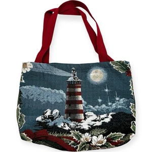 Christmas Lighthouse in Snow by Moonlight Tapesty Fabric Tote Bag - Picture 1 of 6