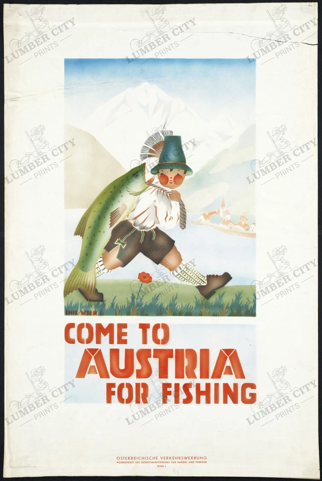 Cartaz de viagem Come to Austria pesca 1935 impressão art déco retrô arte de parede - Imagem 1 de 4