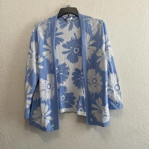 Foxcroft Sweater Women’s Size XL Floral Blue/white Cardigan Textured Dot Knit - Picture 1 of 6