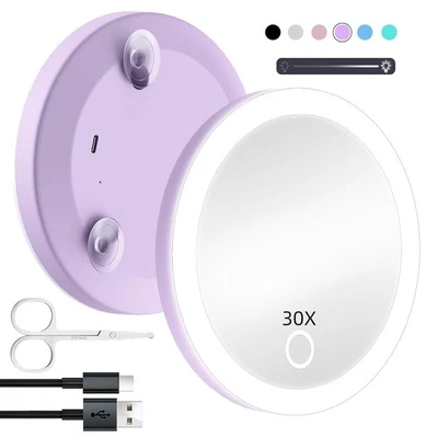 Espejo de viaje 30X con luces, espejo de bolsillo de 4" con ventosas Foto 1 de 4