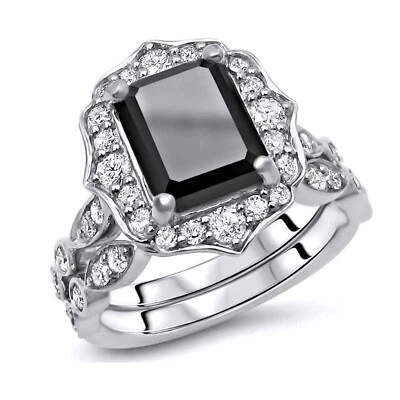 Обручальное или обручальное кольцо с имитацией оникса изумрудной огранки 2 карата с покрытием из белого золота - Изображение 1 из 4