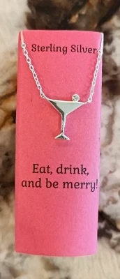 Crystal Sterling Silver MARTINI GLASS Cocktail Pendant Necklace Jewelry 16-18" - Image 1 of 4