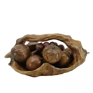 Vintage handgeschnitzte Holz Obstschale Korb mit Griff Banane Birne Trauben MCM - Bild 1 von 11