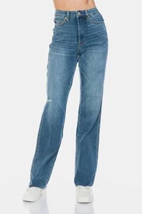 Pantalones de mezclilla rectos Judy azul talla completa corte control abdomen dobladillo crudo - Imagen 1 de 13