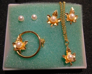 Fingerhut MAPLE LEAF Gold Tone Pin Brooch 2 Pr. Pierced Earrings & Necklace Set - Picture 1 of 5