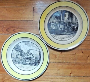 2 Assiettes faïence fine de Choisy Jeanne d'Arc Sully Histoire Bord Jaune XIXe - Picture 1 of 2