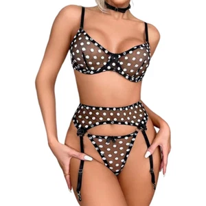 Mesh Split Sexys Lingerie with White Dot Soft Comfortable Bra Thong Set - Picture 1 of 13