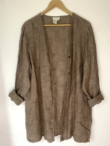 Textured Brown Linen Long Summer Jacket sz L Duster Buttons Minimalist Lagenlook - Picture 1 of 16