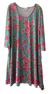 Simply Southern Size XL Tropical Turquoise Pink Roses Stretchy Pockets Dress - Picture 1 of 6