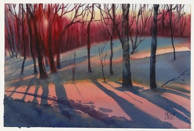 pintura original 20 x 30 cm 152ChO obra de arte acuarela paisaje moderno invierno Foto 1 de 4