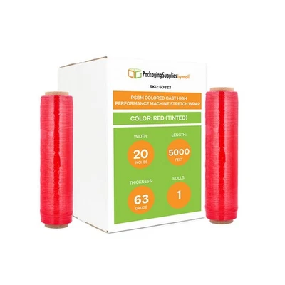 1 Roll Tinted Red 20" x 5000 Ft. 63 Gauge Cast Hand Machine Length Stretch Wrap - Image 1 of 4