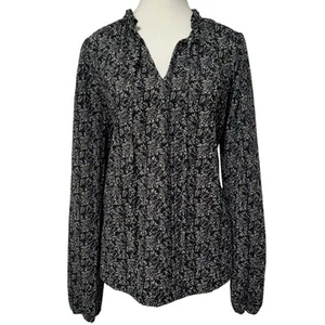 Loft Garden Ruffle Tie Neck Top Size S Blouse Black White Spring Summer Workwear - Picture 1 of 10