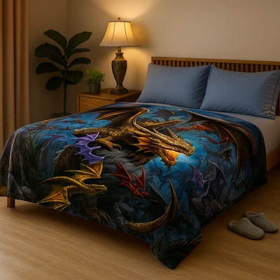 Dragon Blanket, Plush Queen Size Throw, Collage of Dragons, Fantasy, Soft & Warm - Image 1 of 4