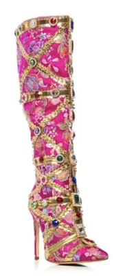 AZALEA WANG уверенный розовый цветочный атласный парчи драгоценный камень украшенный высокий размер 12 - Изображение 1 из 4