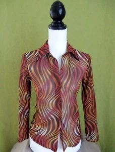 Vintage 90s earth tone psychedelic print sheer polyester blouse. Fairie brand - Picture 1 of 5