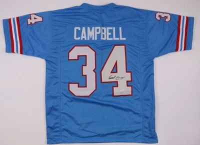 Camiseta deportiva firmada por Earl Campbell de los Houston Oilers (JSA COA) corredor del Salón de la Fama Foto 1 de 4