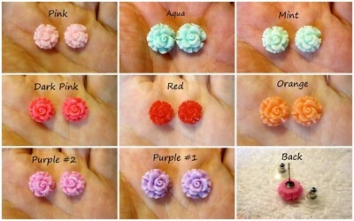 Pendientes Rosa con Volantes 12mm *ELIGE COLOR* Tachuela Hipoalergénica Foto 1 de 2