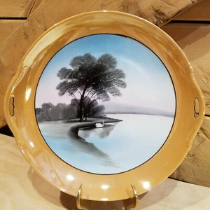 Handled Serving Dish Swan Lake Scene Lusterware Chikaramachi Japan Swanky Barn - Picture 1 of 12