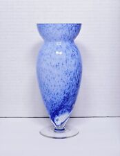 Vintage Marbled Cased Blown Glass Blue & White Speckled Swirled Pedestal Vase 8"