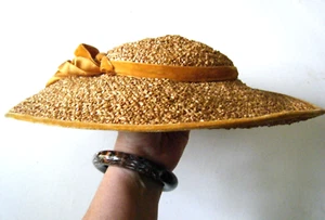 Sombrero platillo disco paja Panamá panqueque de colección años 30 ala con cable - Imagen 1 de 5
