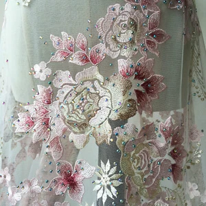Tela De Encaje De Flores De Perlas Con Bordado De Strass Colorido - Imagen 1 de 5