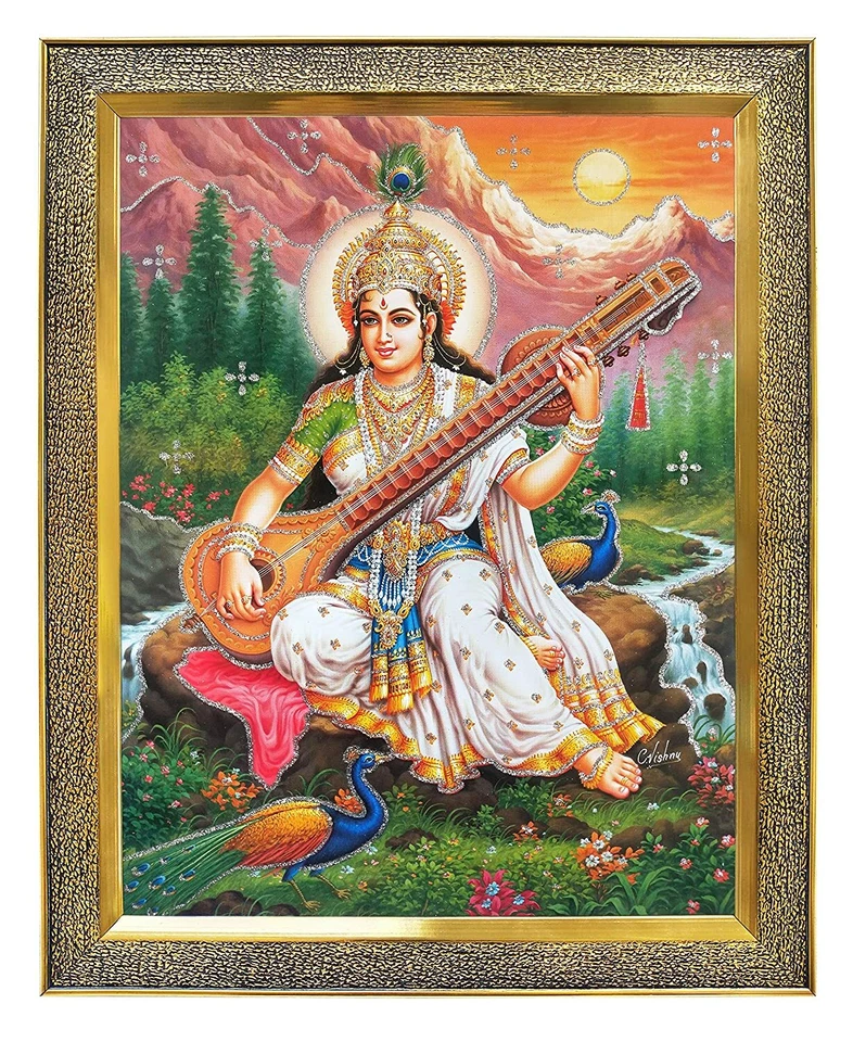 Marco de fotos de madera sintética de la diosa Saraswati Ji, tamaño 28 cm x 1,5 cm x 33 cm  Foto 1 de 3