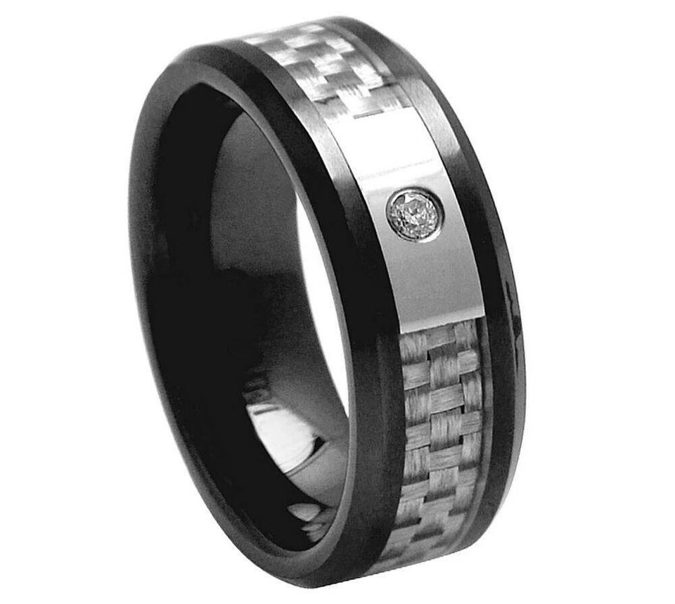 8 毫米男式或女士陶瓷灰色碳纤维带 CZ 石结婚戒指 — 第 1/1 张图片