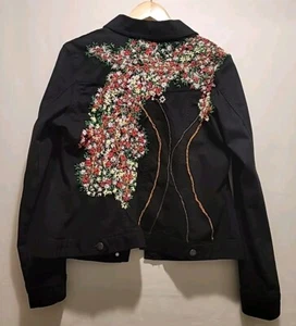 Women's Denim Jacket Large Floral Black Art to Wear Tree Of Life - Picture 1 of 9