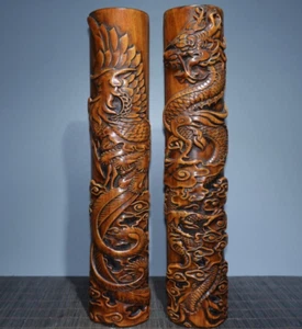 12″natural rosewood huali wood carved dragon phoenix pair Stationery Paperweight - Picture 1 of 9