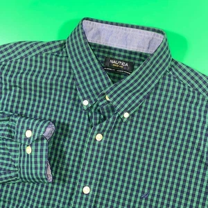 Nautica Mens Classic Fit Ocean Washed Button Down Shirt Green Blue Plaid - Picture 1 of 7