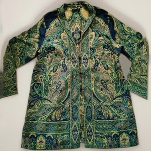 TravelSmith Boho Long Jacket XL Ball Buttons Blue Green Rayon Ethnic Weaving  - Picture 1 of 3