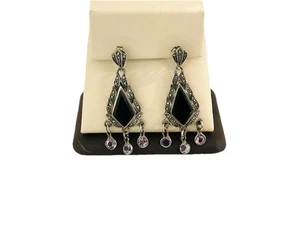 Pendientes colgantes vintage de plata de ley de ónix negro estilo - Imagen 1 de 4