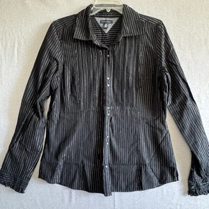 Camisa Tommy Hilfiger para mujer grande negra a rayas metálicas con botones manga larga - Imagen 1 de 8