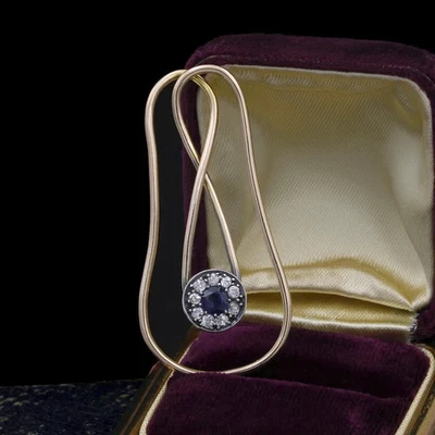 Estate 14K Yellow Gold Over Blue Sapphire Old Euro Diamond Money Clip For Unisex - Image 1 of 4