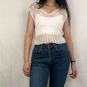 Vintage Bette Paige Y2K White Crochet Tank Top - Picture 1 of 8
