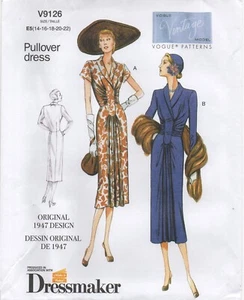 Vestido Vogue Costura Patrón 9126 Vintage Años 40 con Panel Frontal y Pliegues Talla 14-22 - Imagen 1 de 13