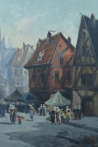 Beau tableau Normand Vue de Rouen Marché Animé étals Costume signé Rosier 19e - Foto 1 di 11