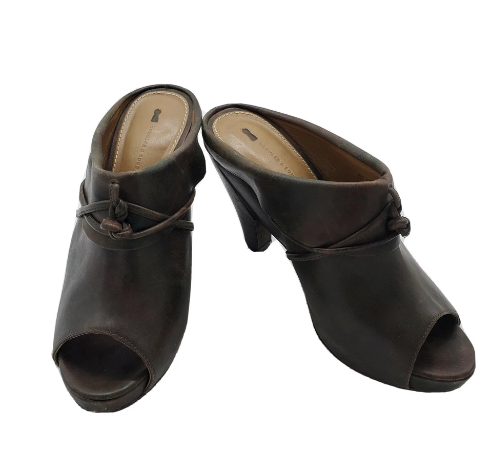 ANTHROPOLOGIE SCHULER SONS PEEP TOE PLATAFORMA MULES SLIDES COURO DESGASTADO 8B - Imagem 1 de 4