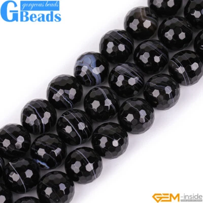 Cuentas sueltas redondas facetadas piedras preciosas de ónix ágata rayas negras naturales 15" Foto 1 de 4
