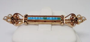 Victorian Antique 14K Gold Turquoise 2mm Pearl Bar Ornate Pin Brooch Fancy - Picture 1 of 4