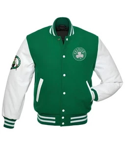 Boston Celtics Green Body White Leather Sleeves Baseball Jacket Varsity Jacket - Picture 1 of 5
