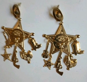 Country Western Sheriff Gold Tone Dangles  Pierced Earrings Pistol Boots #R96 - Picture 1 of 4
